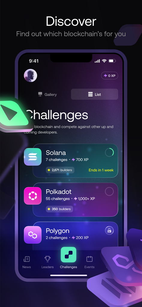 EasyAアプリのインターフェース。Solana、Polkadot、Polygonなどのブロックチェーンプロトコルに関するチャレンジと、獲得したXPポイントが表示されています。