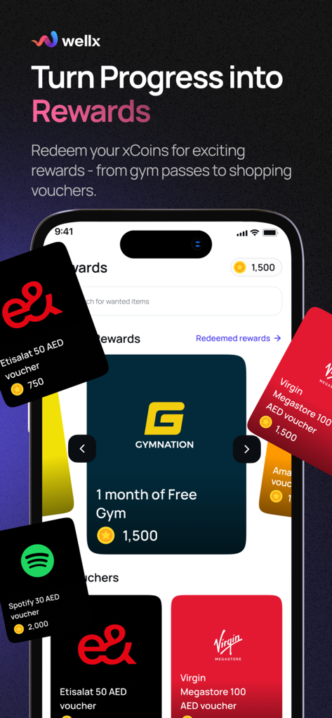 Wellx.ai - Wellx app interface showing wellness rewards and shopping vouchers redeemable with xCoins