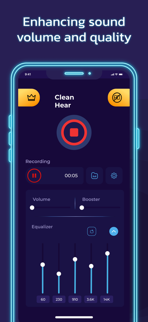 Hearing Amplifier: Clear Sound - Hearing amplifier app interface showing volume booster and sound equalizer