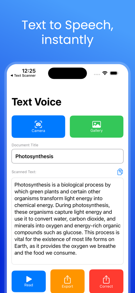 Interfaccia dell'app Lettore Vocale Testo Audio che mostra un documento intitolato Fotosintesi con opzioni di sintesi vocale ed esportazione.