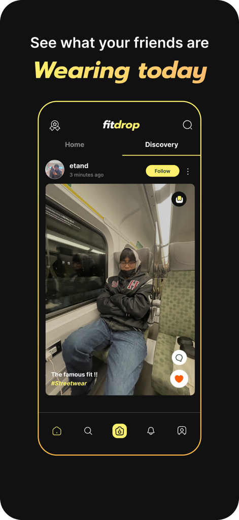 Fitdrop - Fitdrop app discovery screen showing a user's daily streetwear outfit post