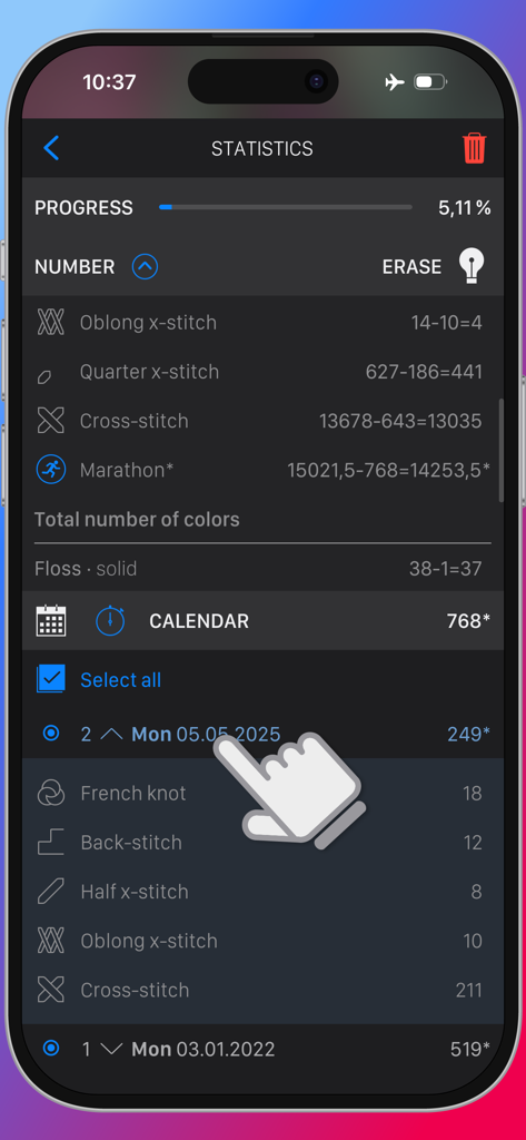 Statistics dashboard in Cross Stitch Saga showing project completion percentage and stitch history calendar