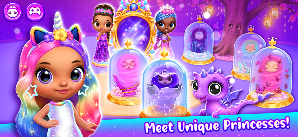 Un grupo de muñecas de princesas diversas y un dragón morado en un escenario de castillo mágico con cúpulas misteriosas.