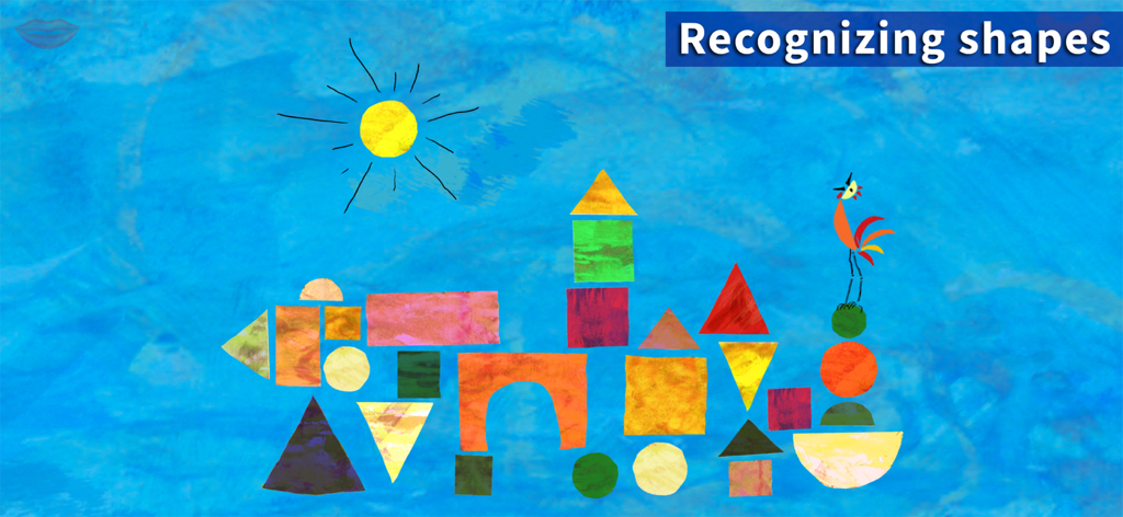 Lazuli 4+ - カラフルな幾何学図形と太陽が青い背景に描かれた子供向けの教育ゲーム画面