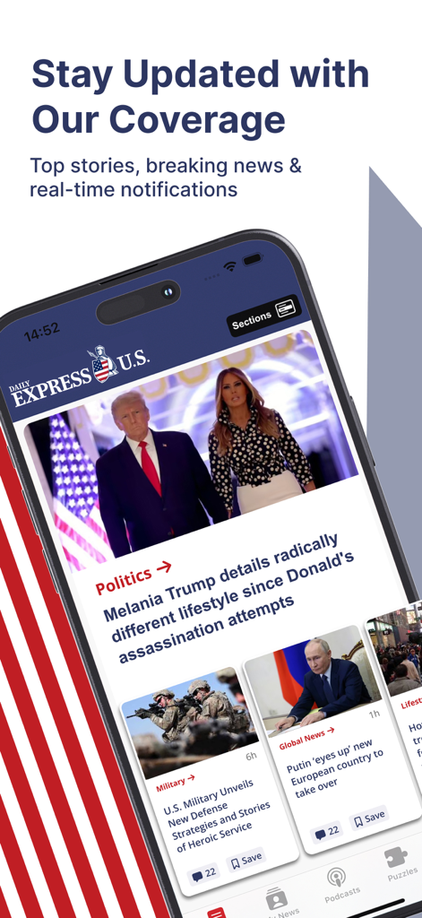 Screenshot der Express US-App, die Eilmeldungen und politische Berichterstattung anzeigt