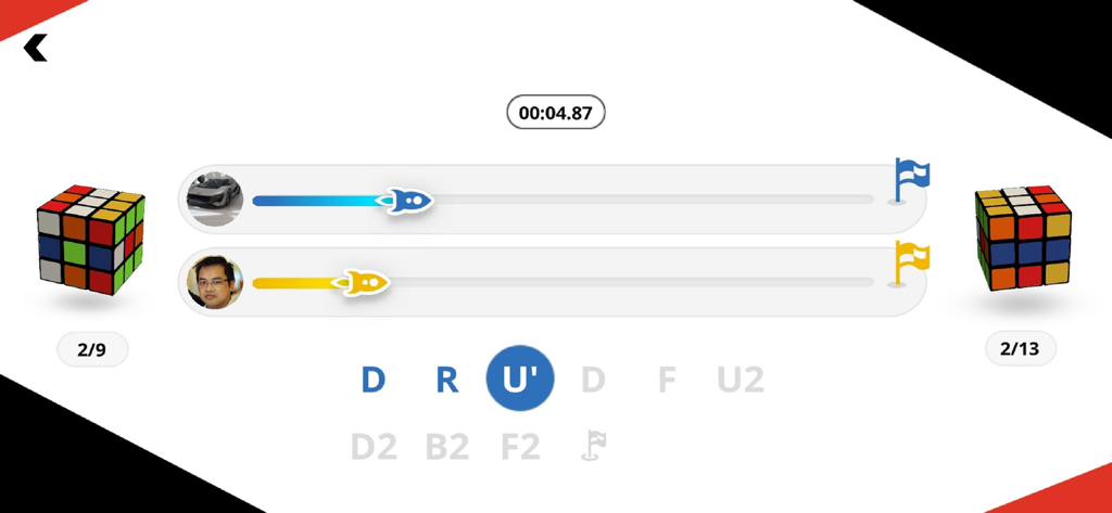 Rubik's Connected - Deux joueurs participant à une course de scramble numérique sur l'application Rubiks Connected avec des barres de progression de fusée.