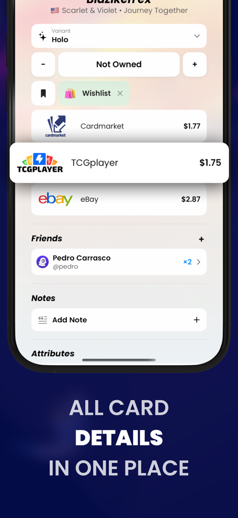 Interface do aplicativo Dex mostrando preços de mercado do TCGplayer e eBay para uma carta Pokémon específica