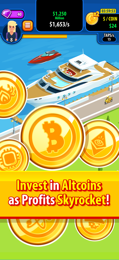 Crypto Trillionaire - Crypto Trillionaire mobile game screenshot featuring gold altcoins and a luxury yacht with promotional text about skyrocketing profits