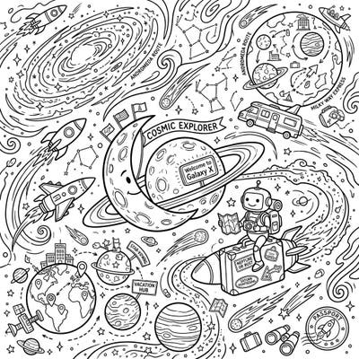 Prepare for an out-of-this-world experience with our captivating space vacation coloring page, where celestial bodies meet exciting travel adventures. This intricate design features rockets, planets, and a cheerful robot explorer, inviting you to color your very own cosmic getaway.