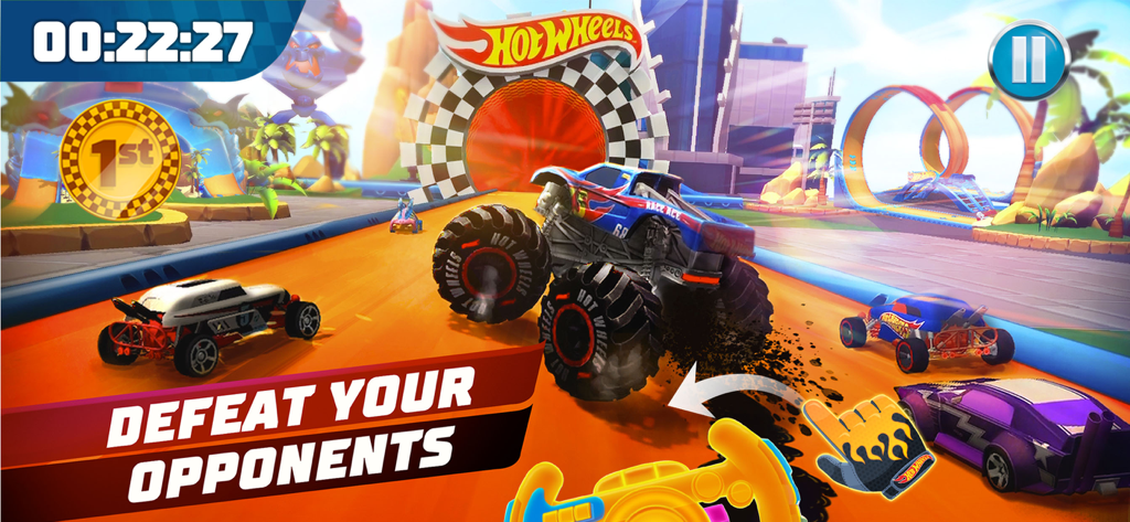A monster truck and various race cars competing on a classic orange Hot Wheels track with a city backdrop and the text Defeat Your Opponents.