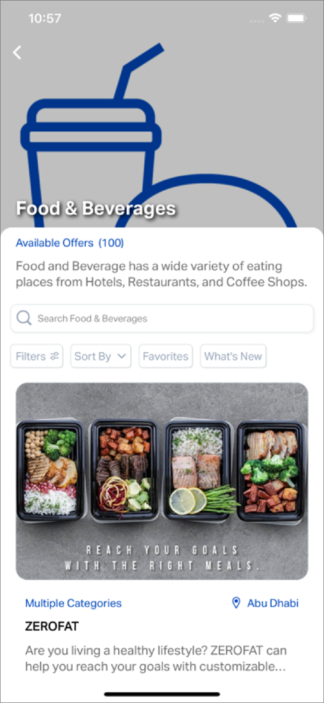 A screenshot of the Mazaya Offers app showing food and beverage discounts with a featured healthy meal plan offer