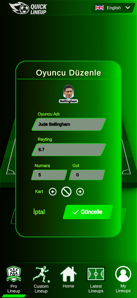 A mobile interface for editing player details like name, rating, and jersey number in the Quick Lineup team builder app.