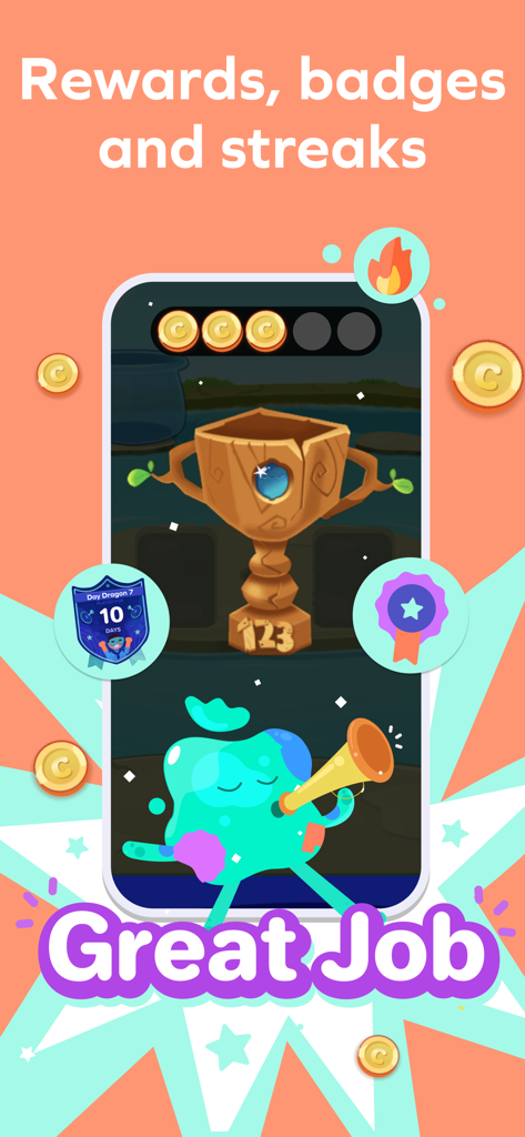 A screen from the Splash Math app showing rewards, badges, and streaks with a trophy and a celebrating character.