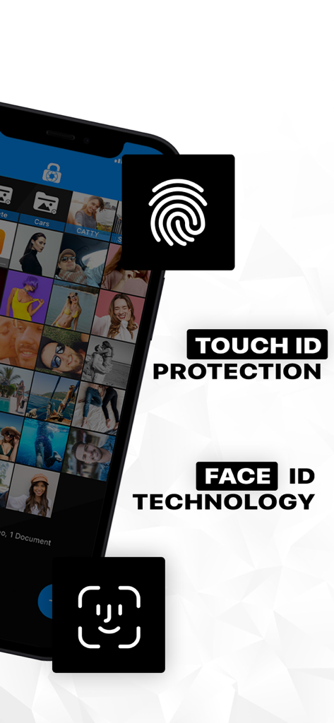LockMyPix Secret Photo Vault - LockMyPix app interface showcasing Touch ID protection and Face ID technology for secure photo storage