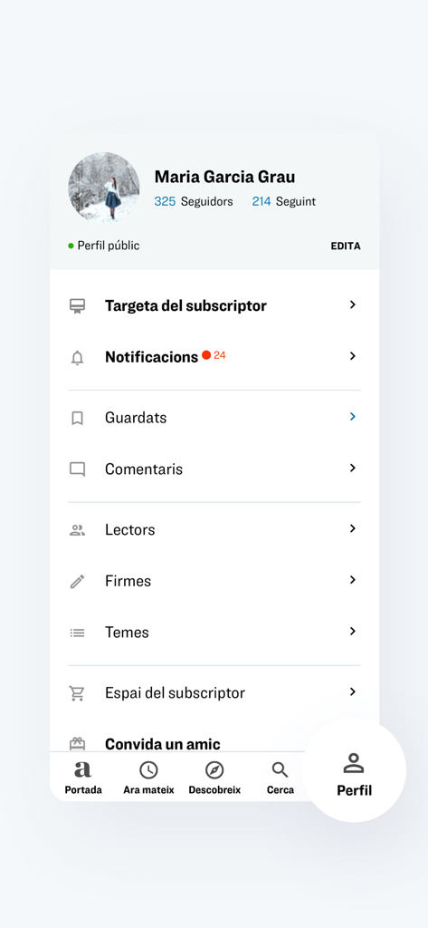 A seção de perfil do usuário do aplicativo de notícias Diari ARA mostrando opções de assinatura e estatísticas de engajamento pessoal.