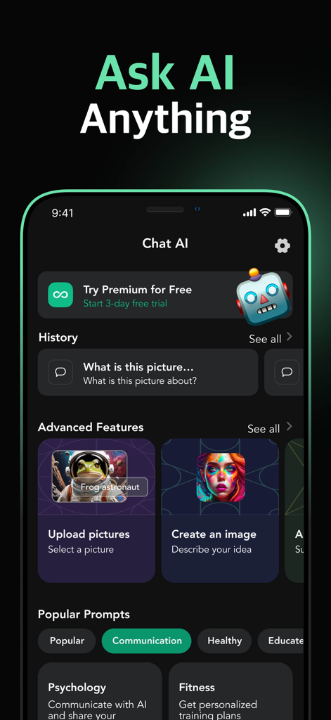 Pantalla principal de la aplicación Ask AI Chatbot Assistant que muestra el panel con funciones para historial de chat y generación de imágenes.