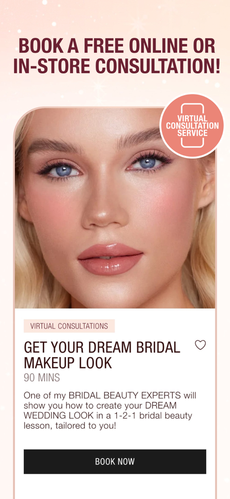 Écran de l'application Charlotte Tilbury proposant des consultations virtuelles de maquillage de mariée avec des experts beauté professionnels