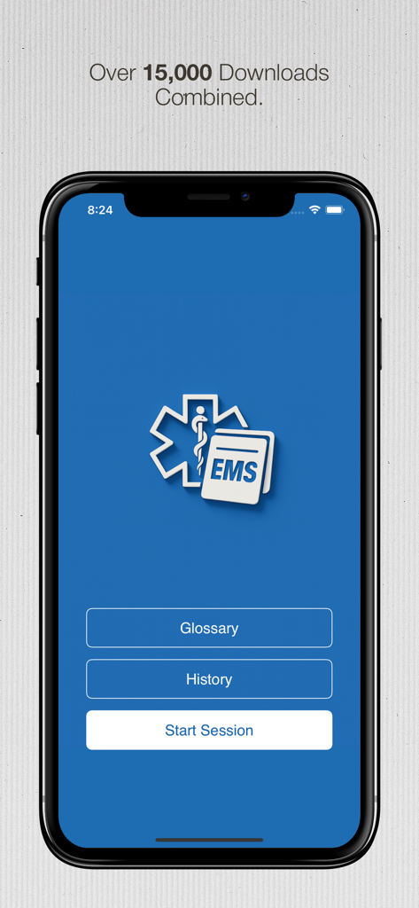 Paramedic Drug List Flashcards - Main menu of the EMS Flashcards Paramedic Drug List app featuring buttons for Glossary History and Start Session