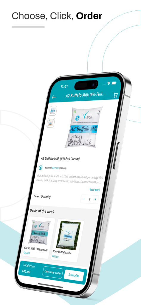 V-Rich Products - Smartphone screen displaying the V-Rich app product page for A2 Buffalo Milk with subscription and order options.