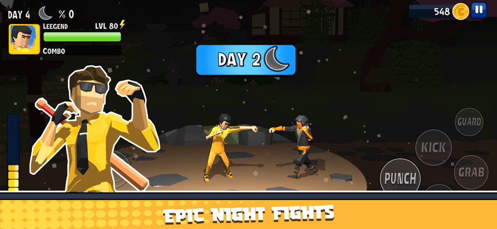 City Fighter vs Street Gang - Gameplay of City Fighter vs Street Gang showing a night combat scene between a fighter in a yellow suit and a ninja enemy with on-screen controls.