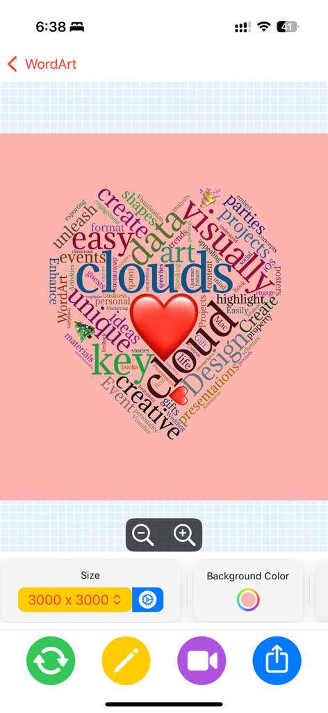 WordArt 앱 인터페이스에서 분홍색 배경에 사용자 정의 폰트가 있는 하트 모양 단어 구름 디자인