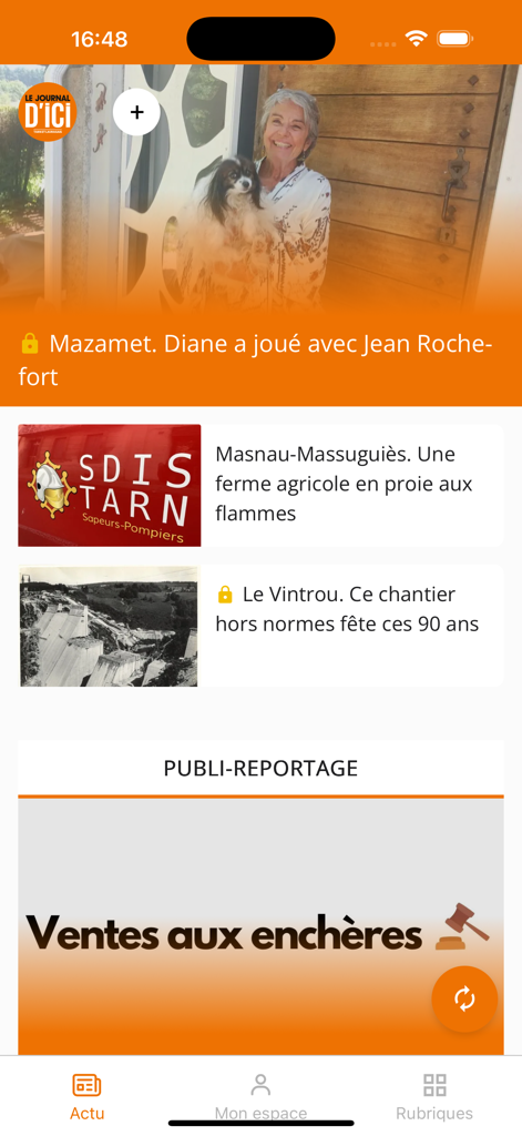 Le Journal d'Ici - Interface de l'application mobile Le Journal d’Ici affichant des articles d'actualité régionaux français locaux des régions du Tarn et du Lauragais