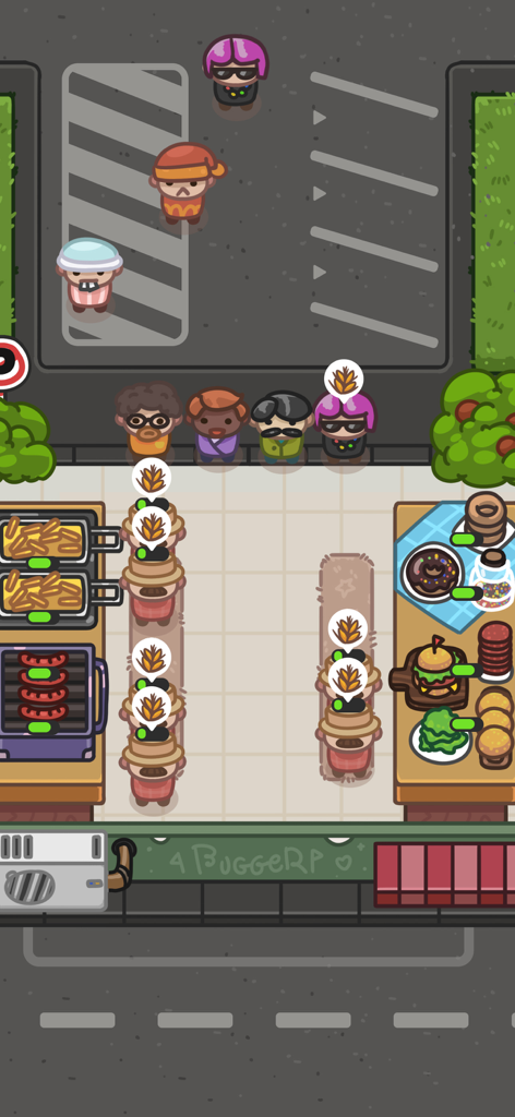 Cartoon characters waiting in line at various food stalls in Farm Bliss Tycoon