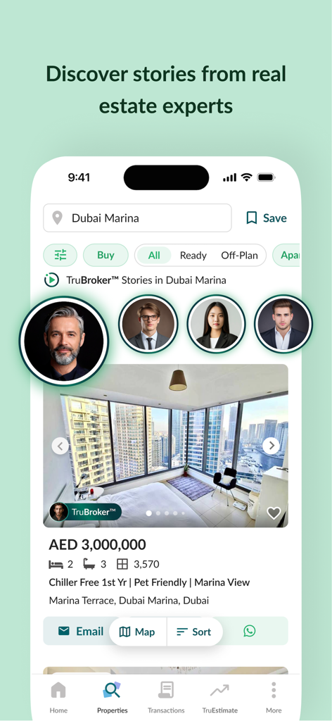 Bayut – UAE Property Search - Bayut app interface showing real estate agent stories and property listings in Dubai