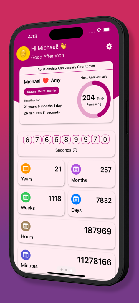 Our Time Together - Dashboard of a relationship app showing total time together and an anniversary countdown