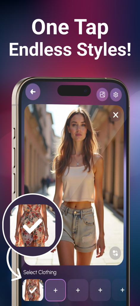 Try On AI - Try Clothes Via AI - Tela de celular mostrando a interface do aplicativo Try On AI com uma mulher experimentando virtualmente diferentes estilos de roupa.