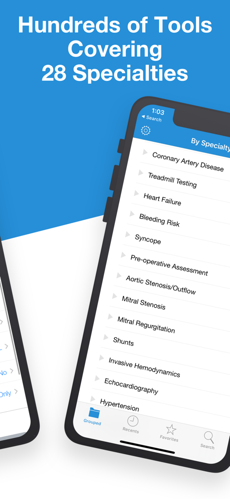A mobile interface of the Calculate by QxMD app displaying a list of clinical tools across 28 medical specialties including heart failure and hypertension.