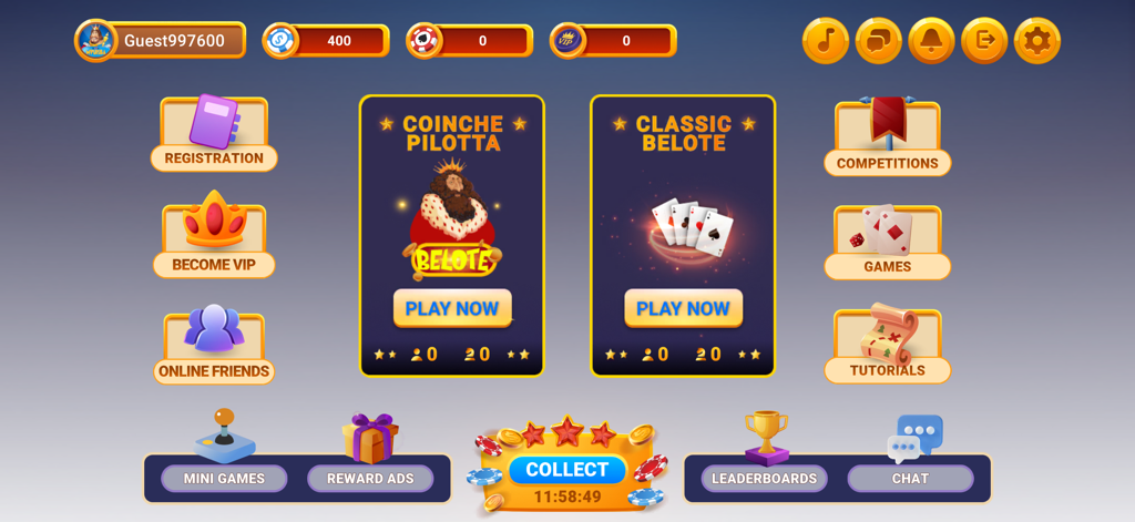 Menu principale dell'app di gioco di carte online Belote che mostra le modalità di gioco Classic e Coinche