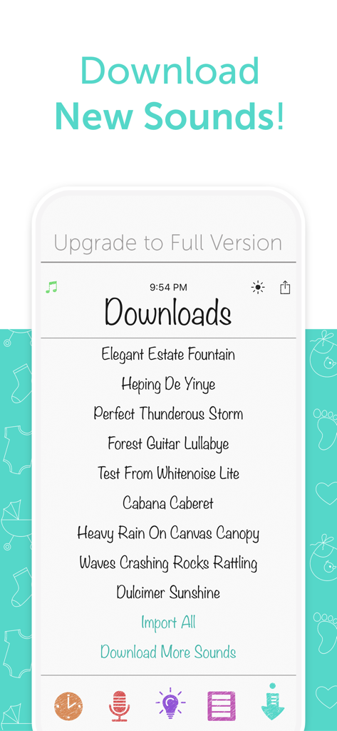 White Noise Baby Lite - Capture d'écran de l'écran de téléchargement de l'application White Noise Baby Lite présentant une liste de sons d'ambiance et de berceuses supplémentaires