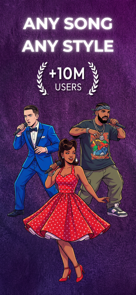 SwapStyle AI: Song Cover Maker - Gráfico de marketing para SwapStyle AI mostrando diversos personajes de artistas musicales en varios géneros con el texto Cualquier Canción Cualquier Estilo y más de diez millones de usuarios.