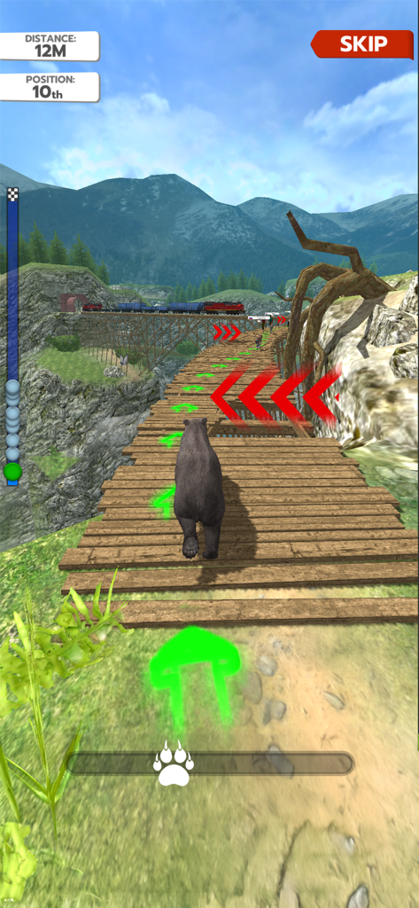 Animal Run: Wild Race - Un ours courant sur un pont en bois dans un paysage de montagne.
