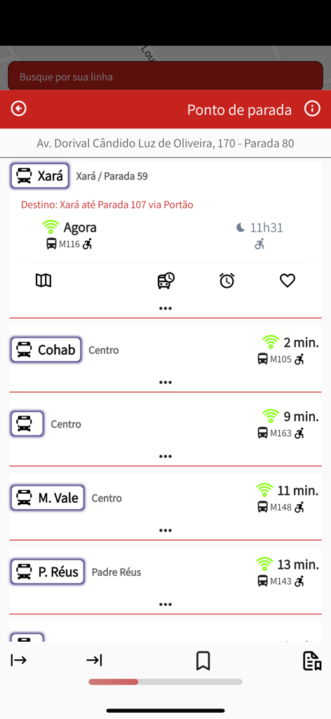 Interface do aplicativo SOGIL Linhas exibindo horários de chegada de ônibus em tempo real e informações de parada em Gravataí.