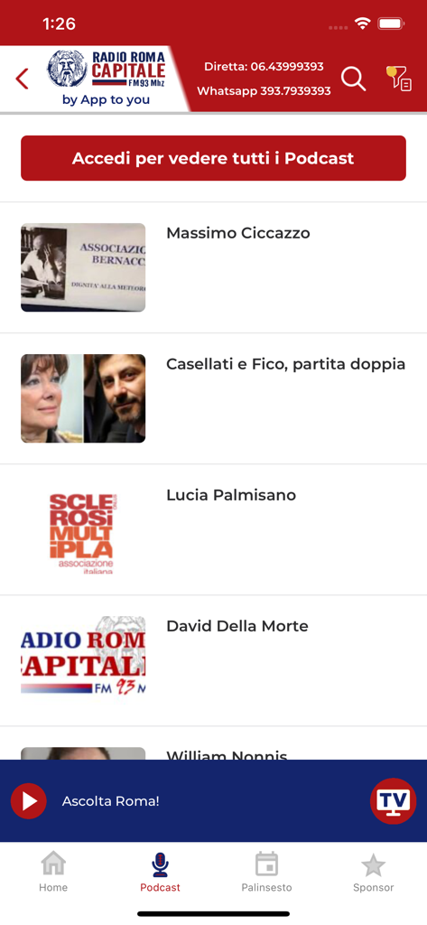 Uno screenshot della sezione podcast dell'app Radio Roma Capitale che mostra un elenco di episodi disponibili con titoli e miniature.
