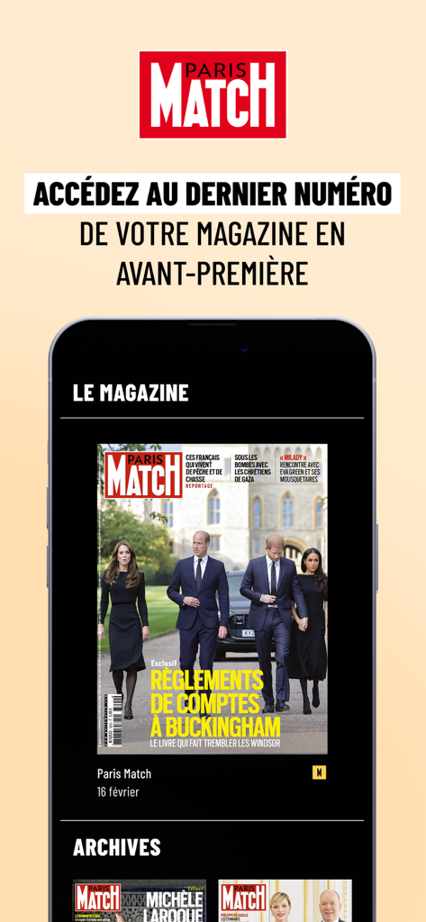 Paris Match mobile app showing the latest digital magazine issue and archive section.