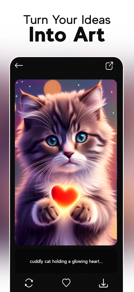 Dreams AI Art Generator - AI generated artwork of a fluffy kitten holding a glowing heart in the Dreams AI app