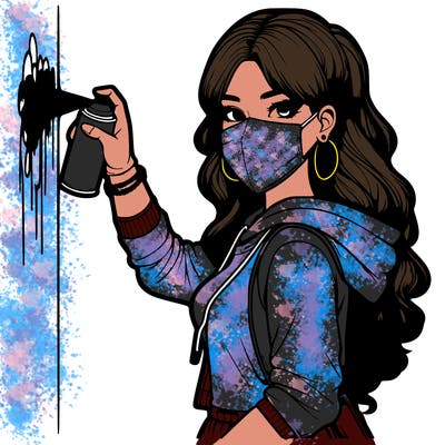 realistic girl with mask spray painting a wall