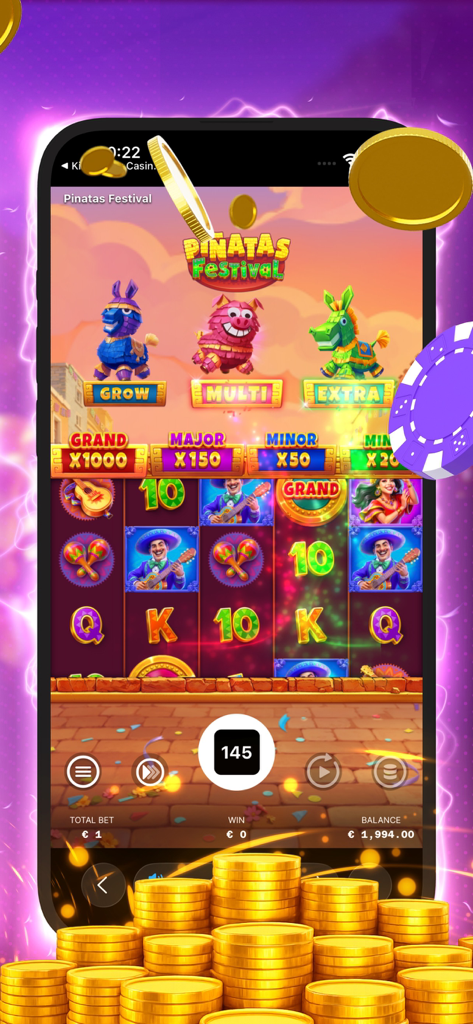 Kingmaker Casino: Trial Games - A screenshot of the Pinatas Festival themed slot machine in Kingmaker Casino featuring colorful pinatas and festive Mexican symbols.