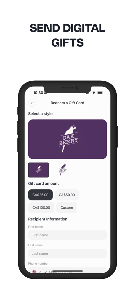OAKBERRY CA - Oakberry CAモバイルアプリのデジタルギフトカード購入画面。