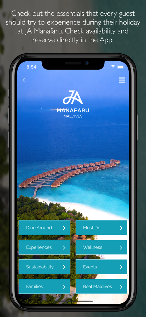 JA Manafaru app home screen showing overwater bungalows and activity menus