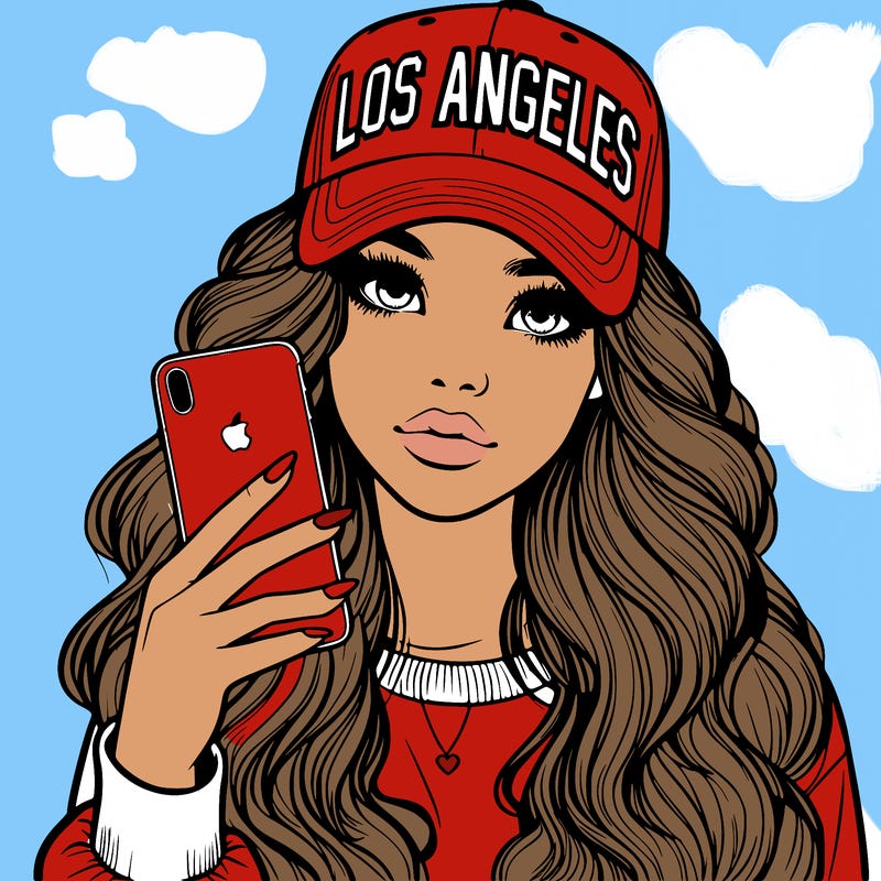 realistic beautiful girl wearing los ángeles cap holding an iphone