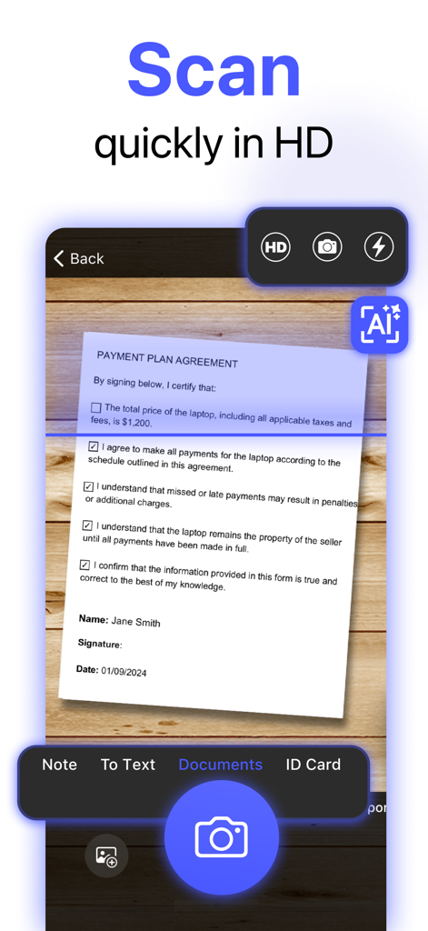 MobiScan: OCR Scanner・Scan PDF - Interfaz de la aplicación MobiScan mostrando escaneo de documentos de alta definición de un acuerdo de pago