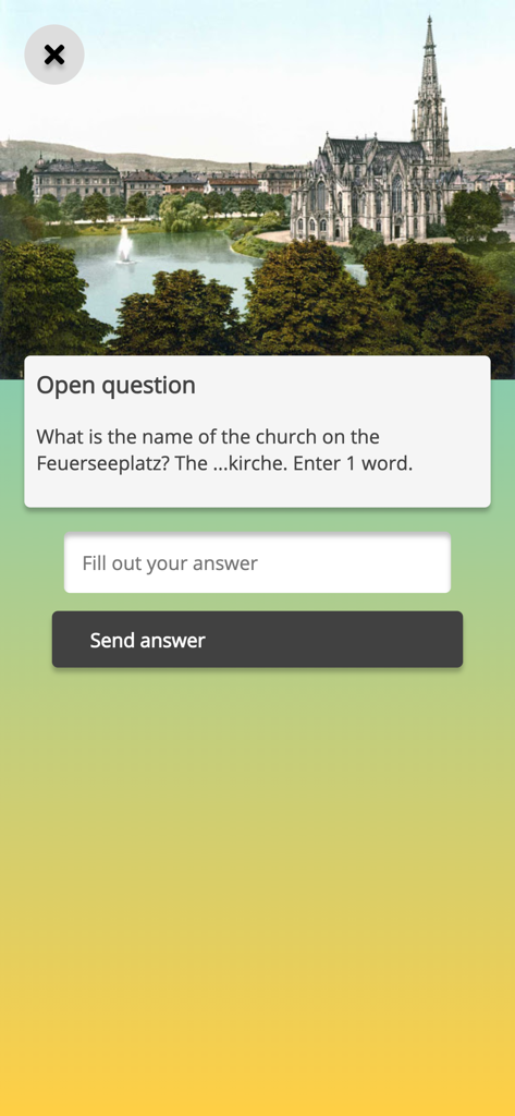 Caught - A location-based trivia screen in the Caught app featuring a photo of a church at Feuerseeplatz and an open-ended question field.