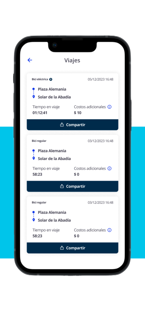 BA Ecobici por Tembici - Pantalla de la aplicación móvil BA Ecobici que muestra un historial de viajes recientes en bicicleta, incluida la duración y el coste de bicicletas eléctricas y normales.