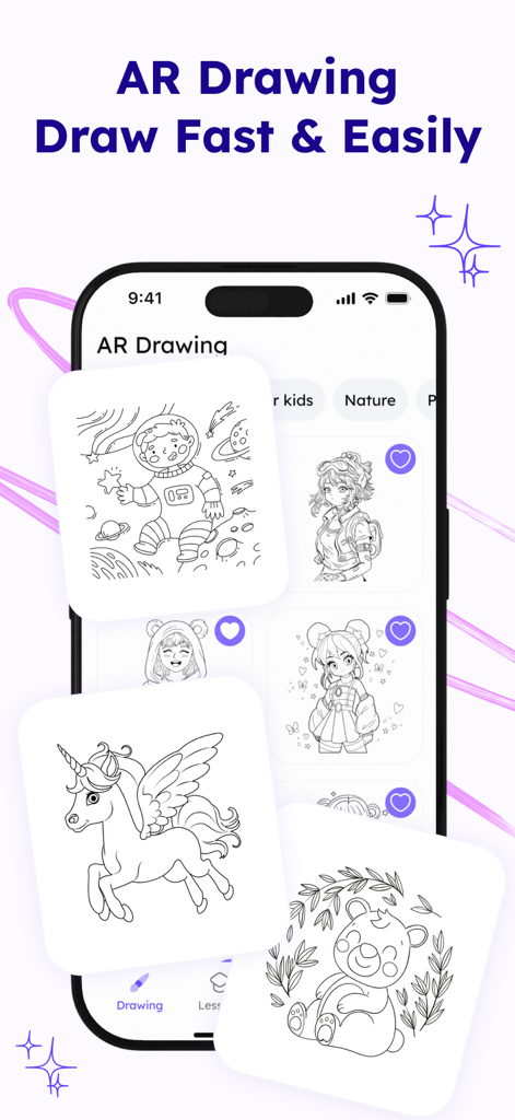 AR Drawing: Trace & Draw Art - Interface do aplicativo AR Drawing mostrando uma biblioteca de modelos de arte rastreáveis, incluindo um unicórnio e um astronauta.