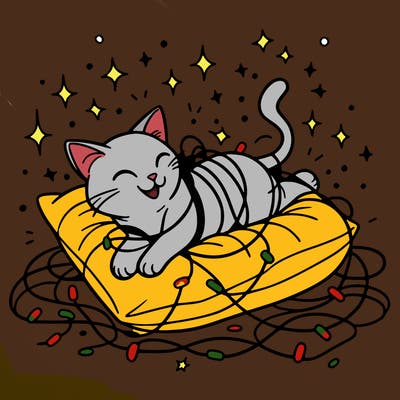 a cat happily tangled in glowing lights, lounging on a big cushion, clean lines, simple design, uncomplicated, tatoo desing