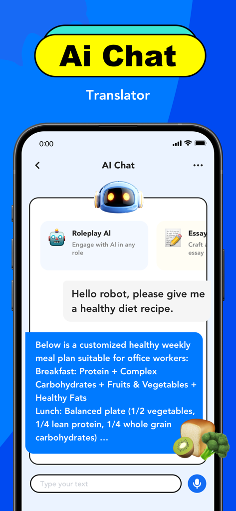 AI Chat Translator:Voice&Photo - 健康的な食事のレシピに関する会話を表示する、翻訳アプリのAIチャットインターフェース